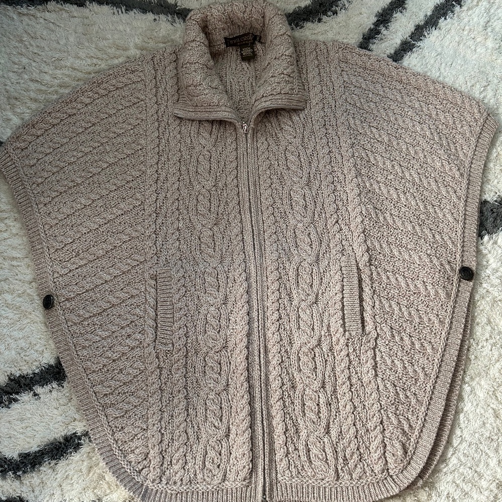 Inis Crafts 100% Merino Wool Poncho, Zip Front Taupe ,  Size M/L Excel.Used